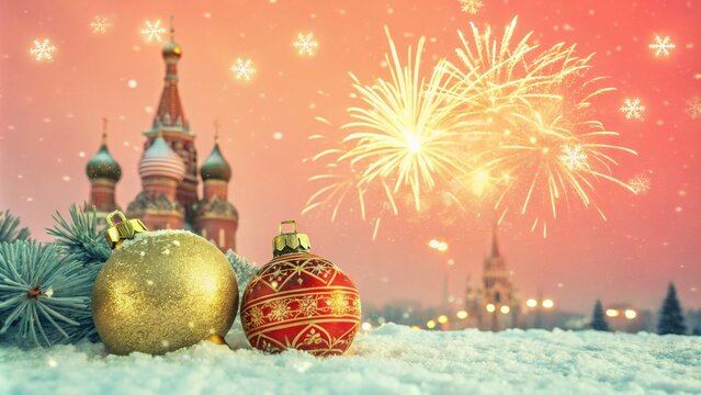 Moscow Christmas Fireworks Festive Baubles on Snow, Red Square Backdrop, Winter Holiday Celebration, New Year's Eve Christmas, Russia