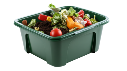 Green compost bin filled with organic waste on transparent background