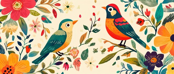 Fototapeta premium Colorful birds surrounded by vibrant flowers.