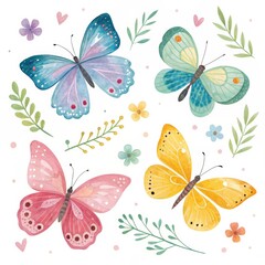 Watercolor Butterfly Floral Composition Four Butterflies, Flowers, Leaves, Spring Concept, Watercolor Painting Keywords Butterflies, Watercolor