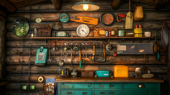 vintage fishing lodge interior featuring rustic tools, clocks, and decor. warm ambiance evokes nostalgia and craftsmanship