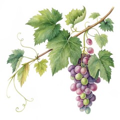 Obraz premium Watercolor Grapevine Branch Botanical Illustration, Grapes, Leaves, Vine, Watercolor Painting Vine, Botanical Illustration