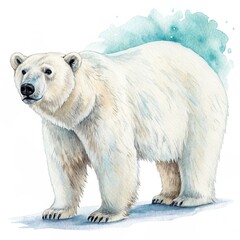 Fototapeta premium Watercolor Polar Bear Arctic Wildlife Painting, Teal Background, Detailed Fur, Animal Portrait. Polar Bear, Watercolor Painting