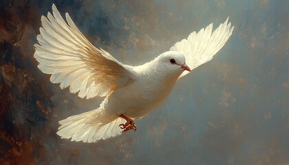 Obraz premium White dove soaring with outstretched wings against a misty backdrop