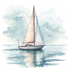 Fototapeta premium Watercolor Sailboat Serenity Tranquil Seascape Painting, Sailboat art, Ocean scene Sailboat, Watercolor Painting
