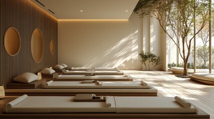 Serene spa relaxation room, sunlit, zen garden view