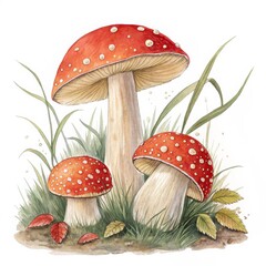 Watercolor Trio of Fly Agaric Mushrooms in Grass, Botanical Illustration, Nature Concept, Autumnal Scene, Red Mushroom Fly Agaric, Watercolor Painting
