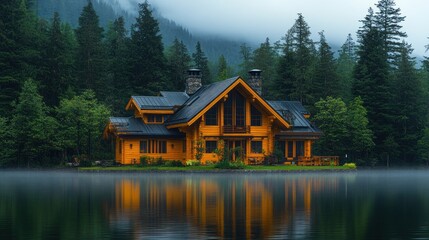 Obraz premium Lakeside log cabin, misty mountains, tranquil