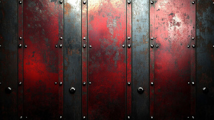 Red metal background with a brushed steel texture, reflecting light and showcasing a shiny iron plate. Modern and blurred empty space for captions, symbolizing chaos and industrial strength.

