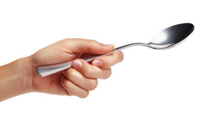 Woman hand holding a spoon on transparent background
