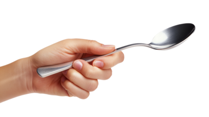 Woman hand holding a spoon on transparent background