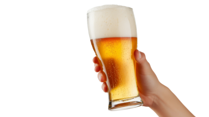 Hand holding a glass of cold beer with foam on transparent background
