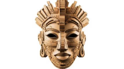 Cardboard tribal mask representing ancient culture on transparent background