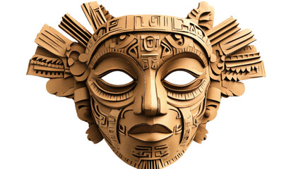 Cardboard mayan mask exhibiting intricate traditional design on transparent background