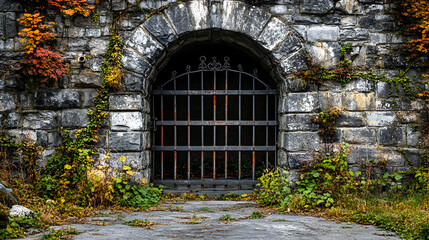 Fototapeta premium Abandoned Stone Archway with Iron Gate and Overgrown Vegetation