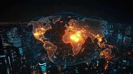 Global cityscape illuminated with network connections at night