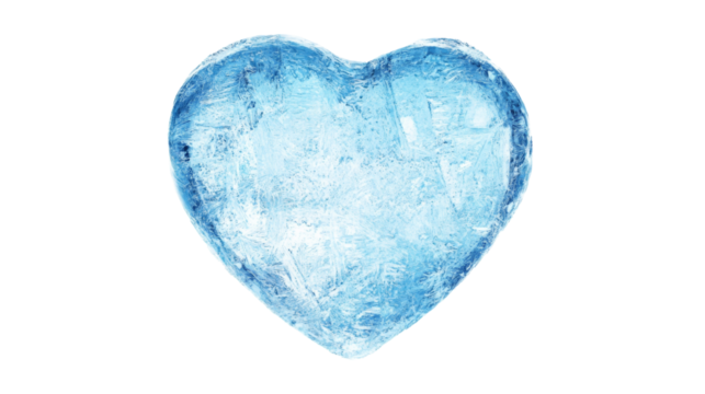 Frozen heart melting on transparent background representing cold love