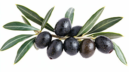 Fresh Black Olives with Green Leaves on White Background