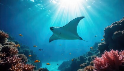Manta ray gliding through vibrant coral reef underwater scene tropical ocean marine life serene environment