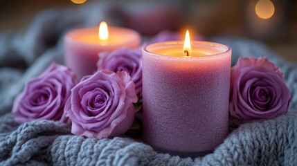 Lavender candles, roses, cozy knit, bokeh background, relaxation