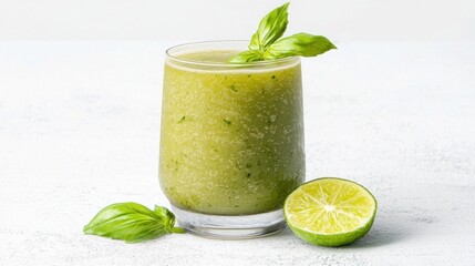 Fototapeta premium Refreshing Green Basil Lime Smoothie in Glass