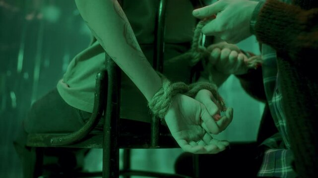 Violent criminal tying up hands of victim with rope behind chair in room with green dim light. Close-up view