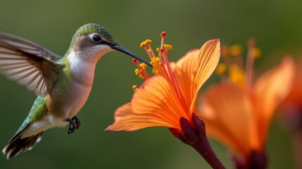 Fototapeta premium A stunning close-up of a hummingbird hovering in mid-air, delicately sipping nectar from a vibrant flower