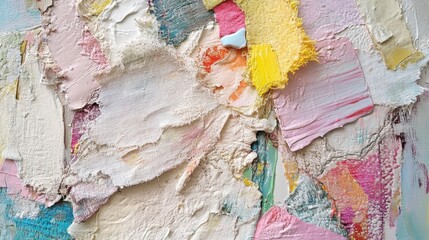 Fototapeta premium Mixed media abstract incorporating textured fabric and acrylic paint in soft pastel hues