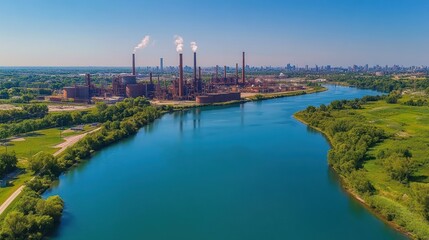 Fototapeta premium Aerial view of industrial complex by river.