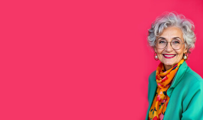 Fototapeta premium Fashionably dressed in bright clothes, gray-haired stylish grandmother smiling against bright background