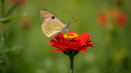 Obraz premium A butterfly sitting on a red flower with its wings closed, in a lush garden environment, under natural daylight with a green blurred background.
