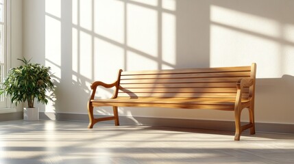 Sunny room, wooden bench, plant, waiting