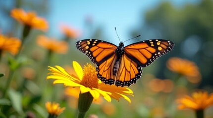 Fototapeta premium Monarch butterfly on a yellow flower in a sunny garden, with a clear blue sky, vibrant colors and natural outdoor lighting.
