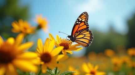 Fototapeta premium Monarch butterfly on a yellow flower in a sunny garden, with a clear blue sky, vibrant colors and natural outdoor lighting.
