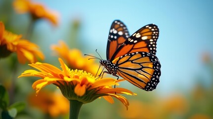 Obraz premium Monarch butterfly on a yellow flower in a sunny garden, with a clear blue sky, vibrant colors and natural outdoor lighting.