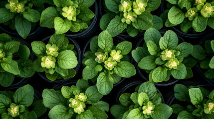 Lush Green Plant Seedlings in Black Pots Arranged Symmetrically