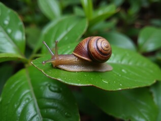 A snail resting on a wet leaf, with water droplets and its shiny shell glistening in the soft light of an overcast day, in a natural garden environment.