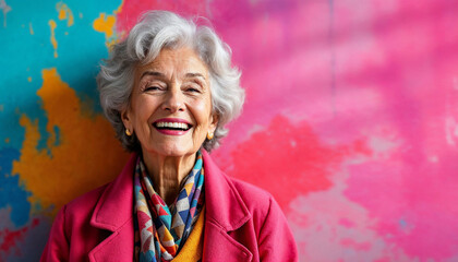 Fashionably dressed in bright clothes, gray-haired stylish grandmother smiling against bright background