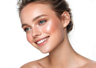 Obraz premium Fresh-faced beauty conceptual image featuring a flawless complexion, pearly whites, and radiant glow, epitomizing effective skin care and cosmetic routine on a pristine white background. 
