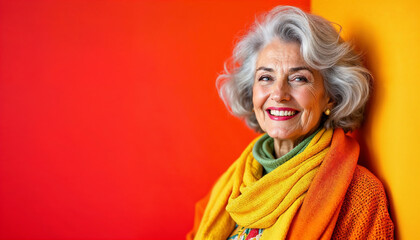 Fashionably dressed in bright clothes, gray-haired stylish grandmother smiling against bright background
