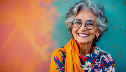 Fashionably dressed in bright clothes, gray-haired stylish grandmother smiling against bright background