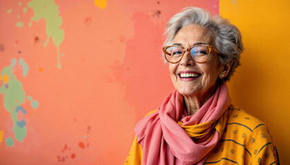 Fashionably dressed in bright clothes, gray-haired stylish grandmother smiling against bright background