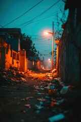 Nighttime Alleyway Scene Showing Urban Decay and Pollution