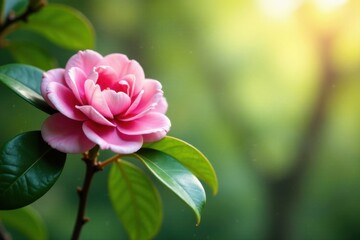 A Delicate Pink Camellia Blossom in Soft Sunlight, Gracefully Displayed Amongst Lush Green Foliage