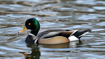 Fototapeta premium Male mallard duck swimming gracefully in a tranquil pond surrounded by rippling water