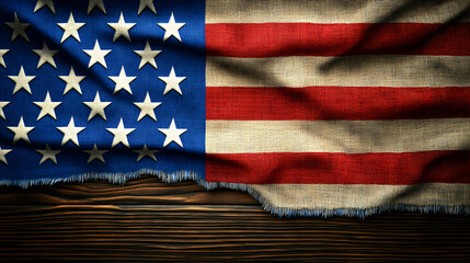Obraz premium Worn American Flag on Rustic Wooden Background for Patriotic Themes