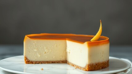 Delicious caramel cheesecake on a white plate with a slice removed showcasing its creamy texture