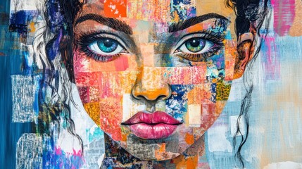 Mixed media collage incorporating fabric, paper, and vibrant splashes of paint