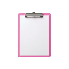 A pink clipboard with a metal clip, featuring a blank surface for writing or note-taking.