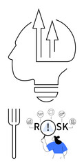 Head lightbulb with success arrows, magnifying glass on Risk, icons for finance, ideas, and data. Ideal for risk management, innovation, analysis, problem-solving business growth abstract thinking